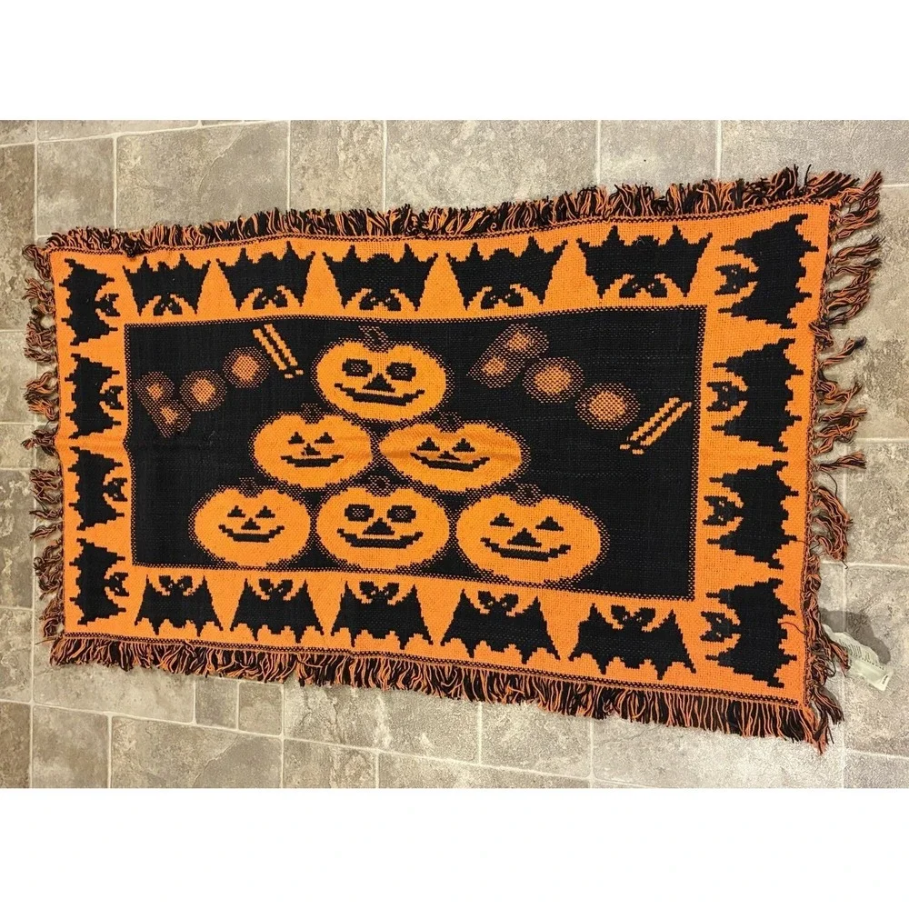 Vtg 1996 Windham Trading Pumpkin Halloween Tapestry Rug Throw Decor 30 X 48